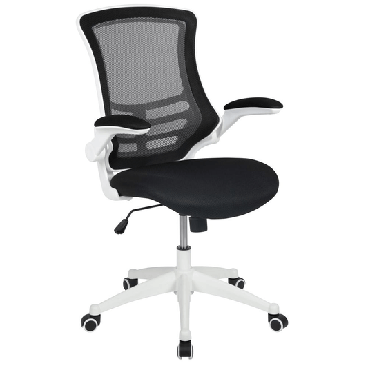 Mid - Back Black Mesh Swivel Ergonomic Task Office Chair with White Frame and Flip - Up Arms - Mervyns