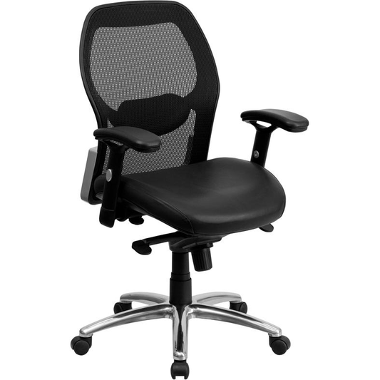 Mid - Back Black Super Mesh Executive Swivel Office Chair with LeatherSoft Seat, Knee Tilt Control and Adjustable Lumbar & Arms - Mervyns