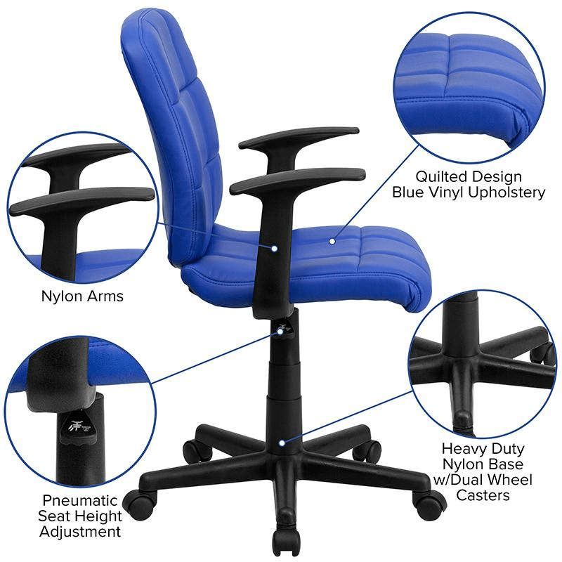 Mid - Back Blue Quilted Vinyl Swivel Task Office Chair with Arms - Mervyns