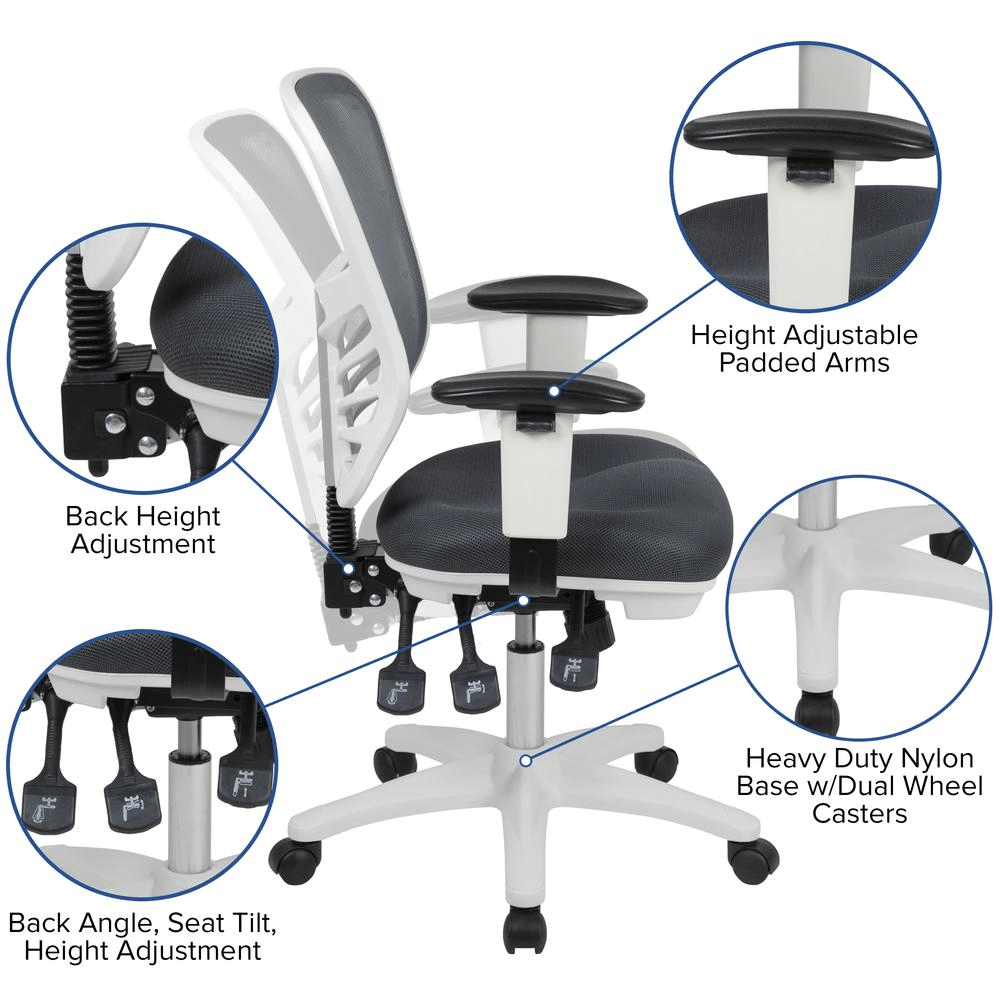 Mid - Back Dark Gray Mesh Multifunction Executive Swivel Ergonomic Office Chair with Adjustable Arms and White Frame - Mervyns