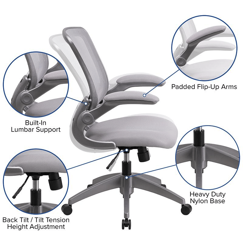 Mid-Back Gray Mesh Swivel Task Office Chair with Gray Frame and Flip-Up Arms - Mervyns