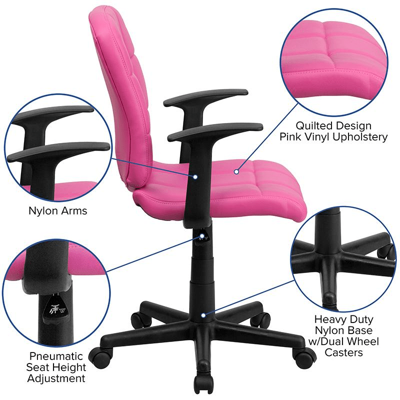 Mid - Back Pink Quilted Vinyl Swivel Task Office Chair with Arms - Mervyns