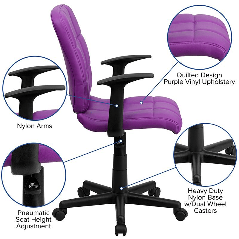 Mid - Back Purple Quilted Vinyl Swivel Task Office Chair with Arms - Mervyns