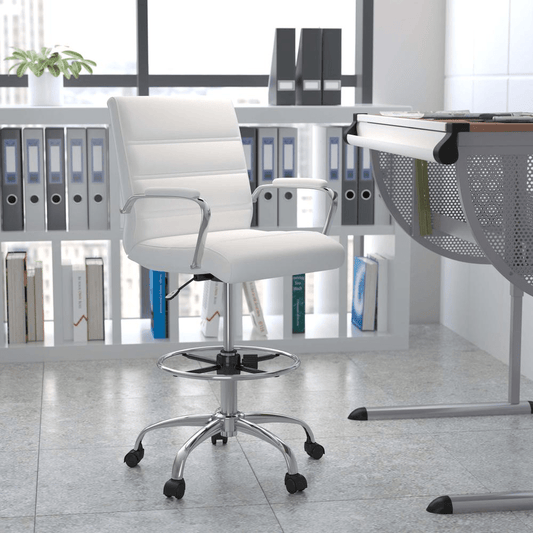 Mid-Back White Drafting Chair with Adjustable Foot Ring and Chrome Base - Mervyns