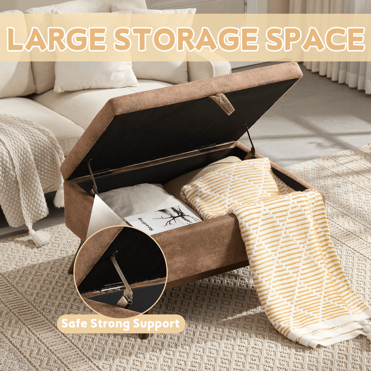 Mid-century modern square coffee table storage bench, assembled, suitable for living room, entryway and family room, used as a coffee table, stirrups, shoe bench - Mervyns