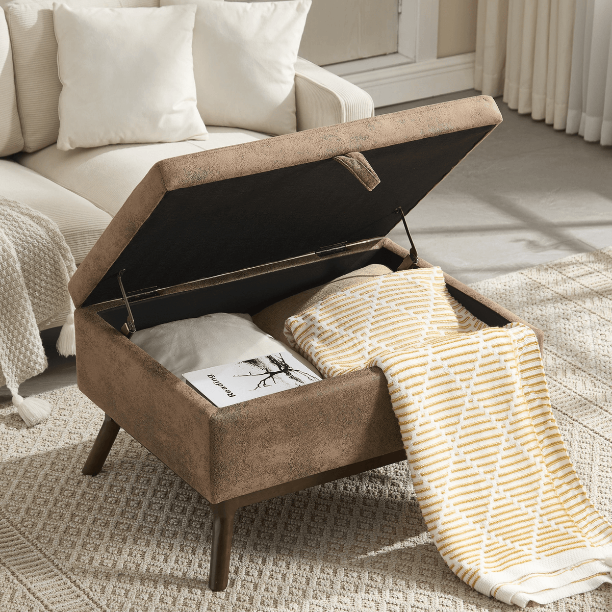 Mid-century modern square coffee table storage bench, assembled, suitable for living room, entryway and family room, used as a coffee table, stirrups, shoe bench - Mervyns