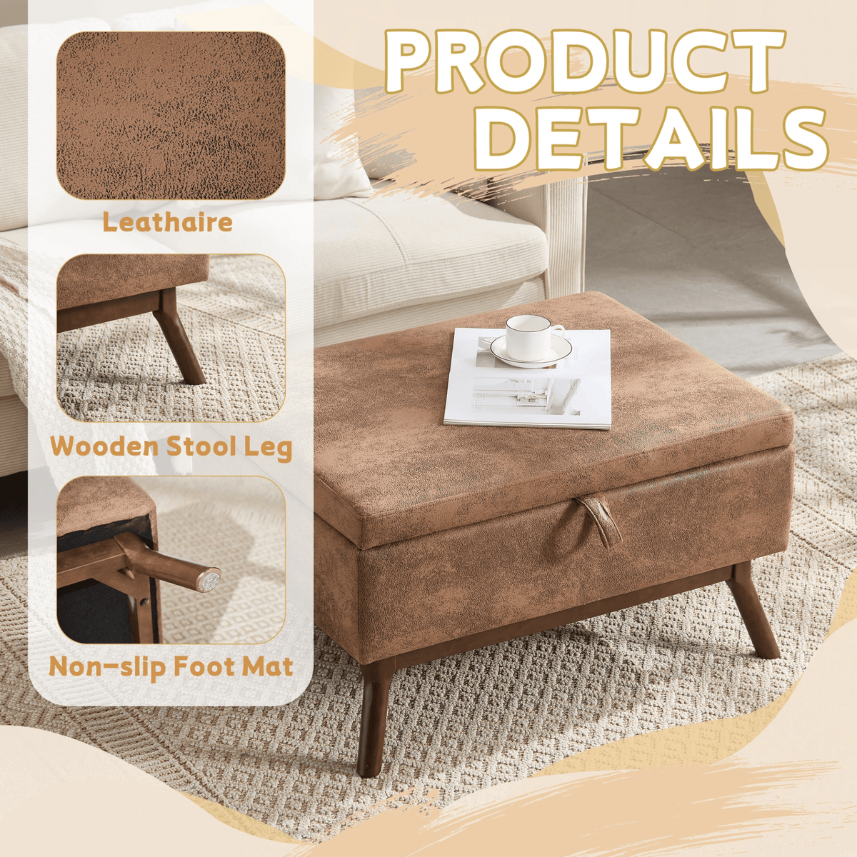 Mid-century modern square coffee table storage bench, assembled, suitable for living room, entryway and family room, used as a coffee table, stirrups, shoe bench - Mervyns