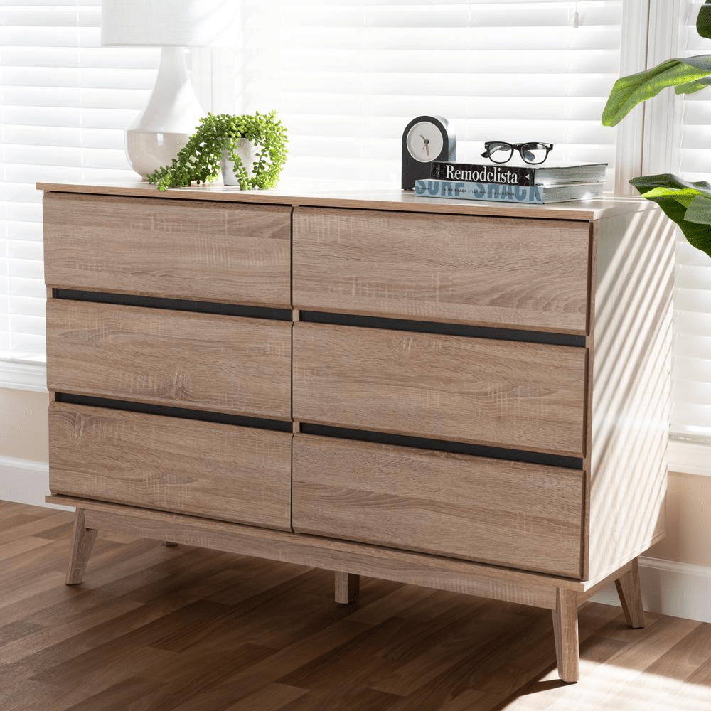 Miren Mid - Century Modern Light Oak and Dark Grey 6 - Drawer Dresser - Mervyns