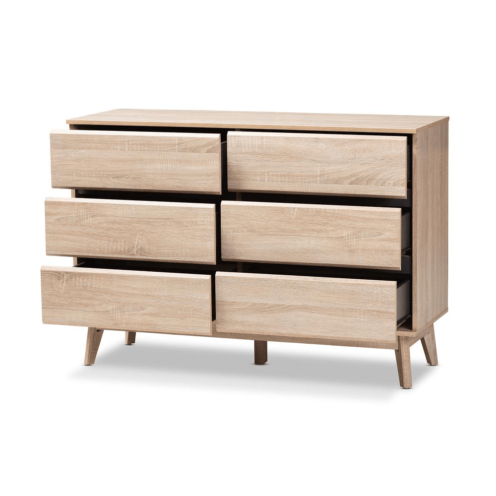 Miren Mid - Century Modern Light Oak and Dark Grey 6 - Drawer Dresser - Mervyns