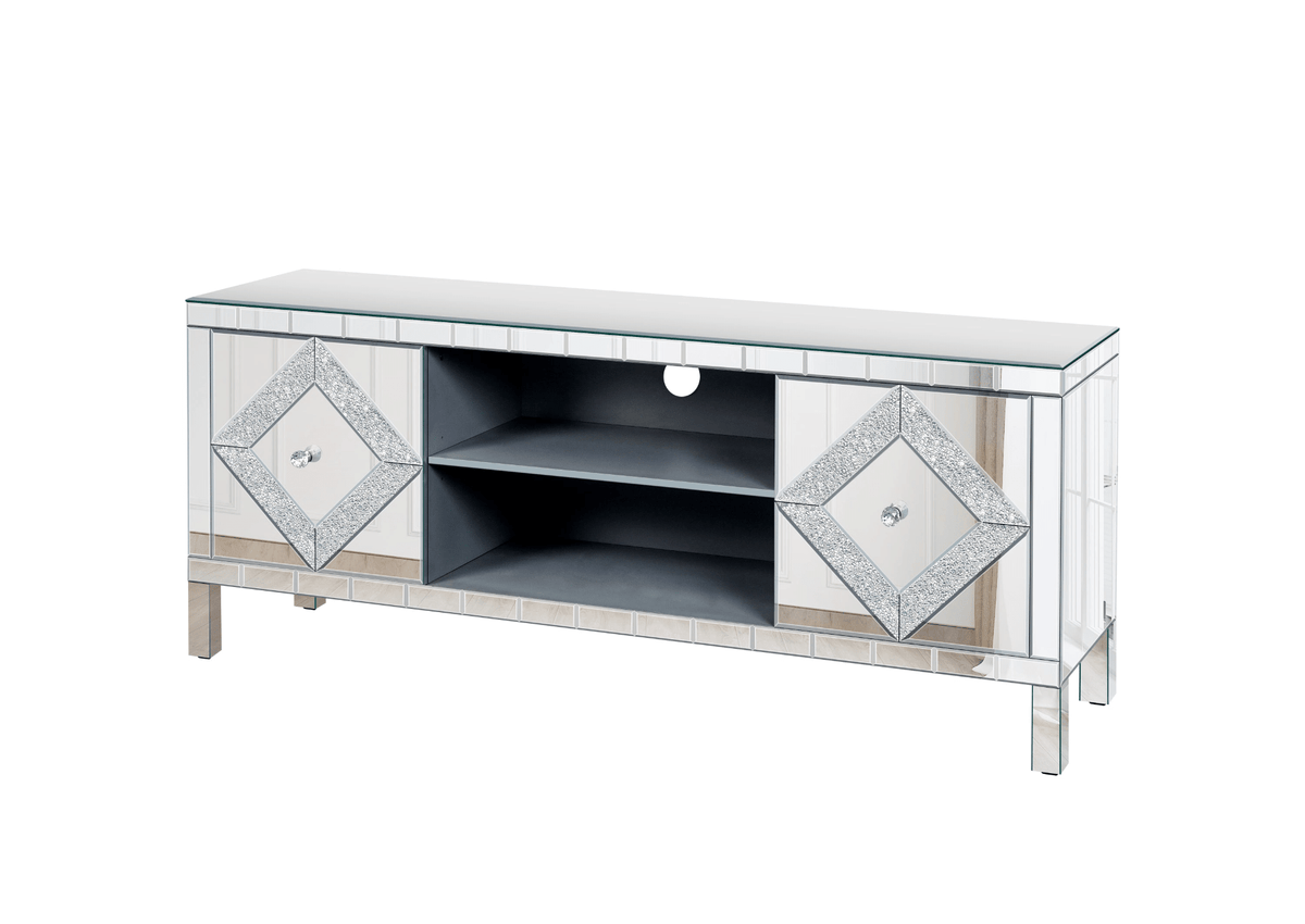 Mirrored TV Stand for 65+ inch TV,Sliver TV Console Table with Open Storage & 2 Storage Cabinets ,Diamond Shape Sparkling Mirror Doors for Living Room(59''W x 25.2''H x 15.7D) - Mervyns