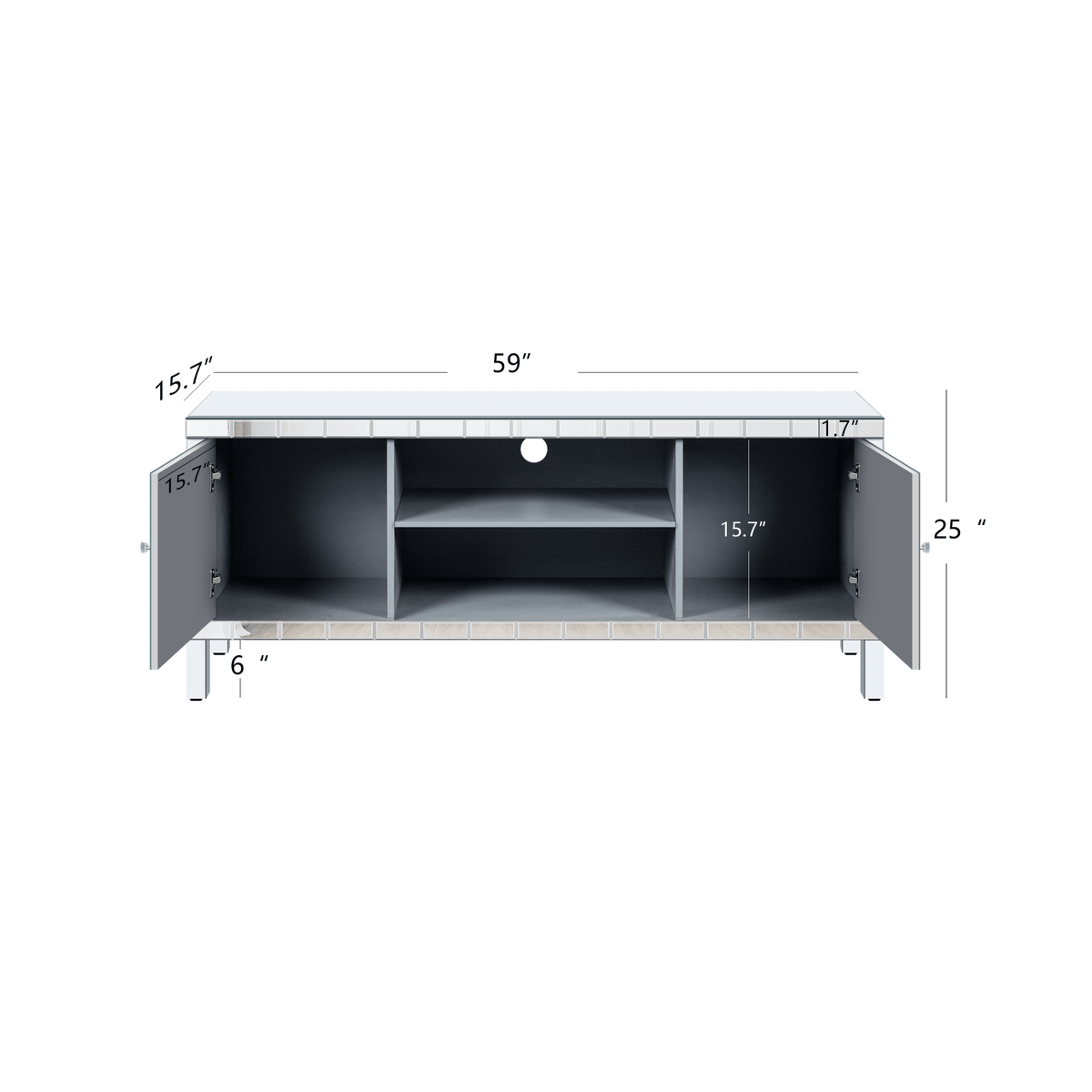 Mirrored TV Stand for 65+ inch TV,Sliver TV Console Table with Open Storage & 2 Storage Cabinets ,Diamond Shape Sparkling Mirror Doors for Living Room(59''W x 25.2''H x 15.7D) - Mervyns