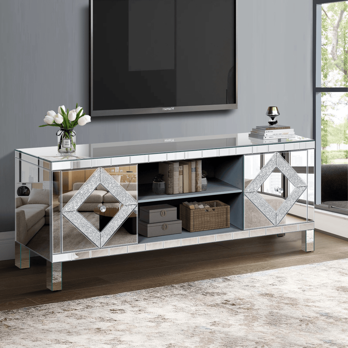 Mirrored TV Stand for 65+ inch TV,Sliver TV Console Table with Open Storage & 2 Storage Cabinets ,Diamond Shape Sparkling Mirror Doors for Living Room(59''W x 25.2''H x 15.7D) - Mervyns