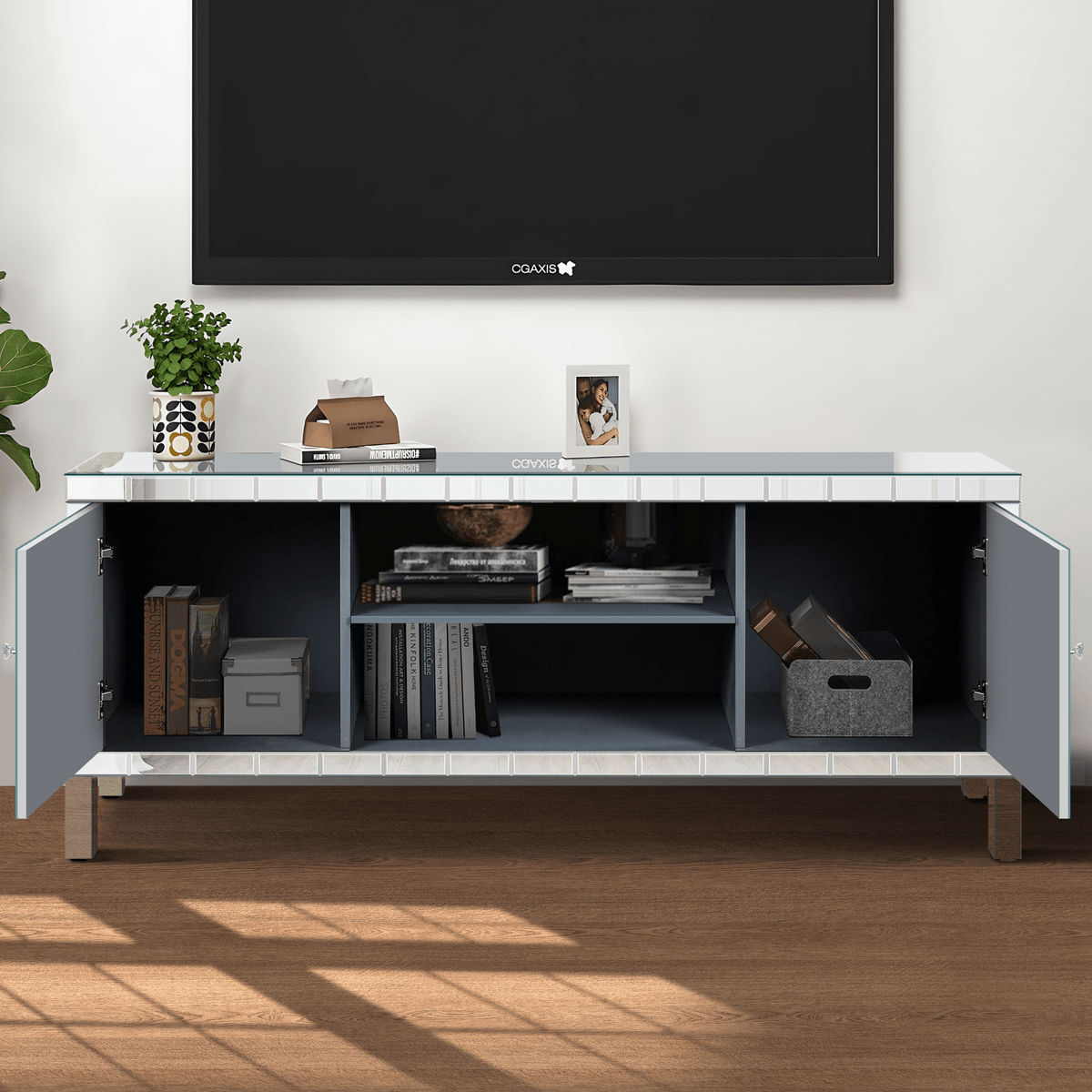 Mirrored TV Stand for 65+ inch TV,Sliver TV Console Table with Open Storage & 2 Storage Cabinets ,Diamond Shape Sparkling Mirror Doors for Living Room(59''W x 25.2''H x 15.7D) - Mervyns