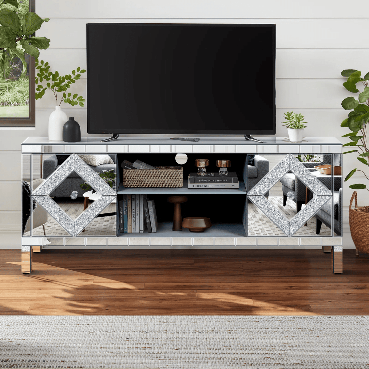 Mirrored TV Stand for 65+ inch TV,Sliver TV Console Table with Open Storage & 2 Storage Cabinets ,Diamond Shape Sparkling Mirror Doors for Living Room(59''W x 25.2''H x 15.7D) - Mervyns