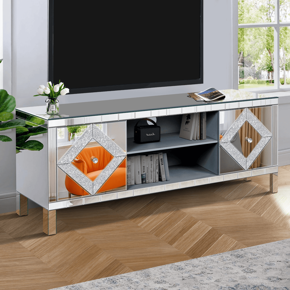 Mirrored TV Stand for 65+ inch TV,Sliver TV Console Table with Open Storage & 2 Storage Cabinets ,Diamond Shape Sparkling Mirror Doors for Living Room(59''W x 25.2''H x 15.7D) - Mervyns