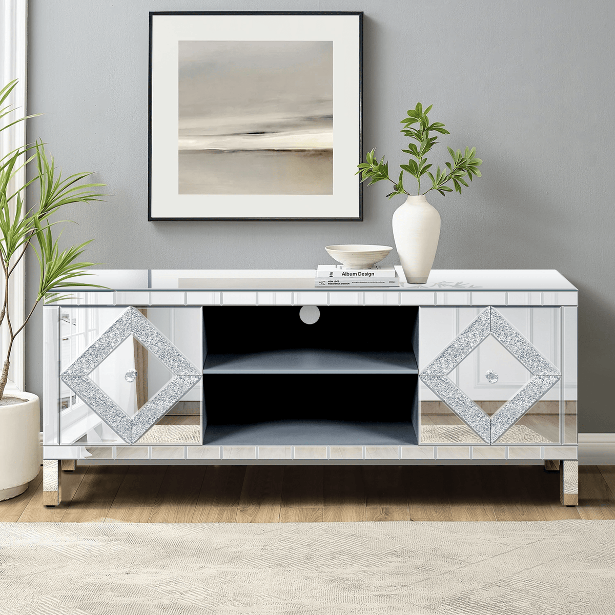 Mirrored TV Stand for 65+ inch TV,Sliver TV Console Table with Open Storage & 2 Storage Cabinets ,Diamond Shape Sparkling Mirror Doors for Living Room(59''W x 25.2''H x 15.7D) - Mervyns