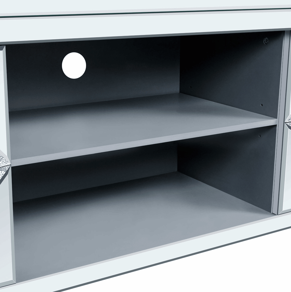 Mirrored TV Stand for 65+ inch TV,Sliver TV Console Table with Open Storage & 2 Storage Cabinets ,Diamond Shape Sparkling Mirror Doors for Living Room(59''W x 25.2''H x 15.7D) - Mervyns