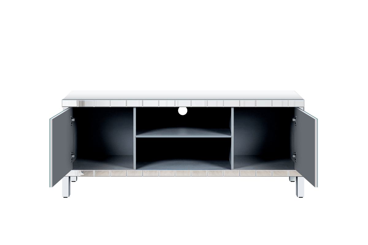 Mirrored TV Stand for 65+ inch TV,Sliver TV Console Table with Open Storage & 2 Storage Cabinets ,Diamond Shape Sparkling Mirror Doors for Living Room(59''W x 25.2''H x 15.7D) - Mervyns