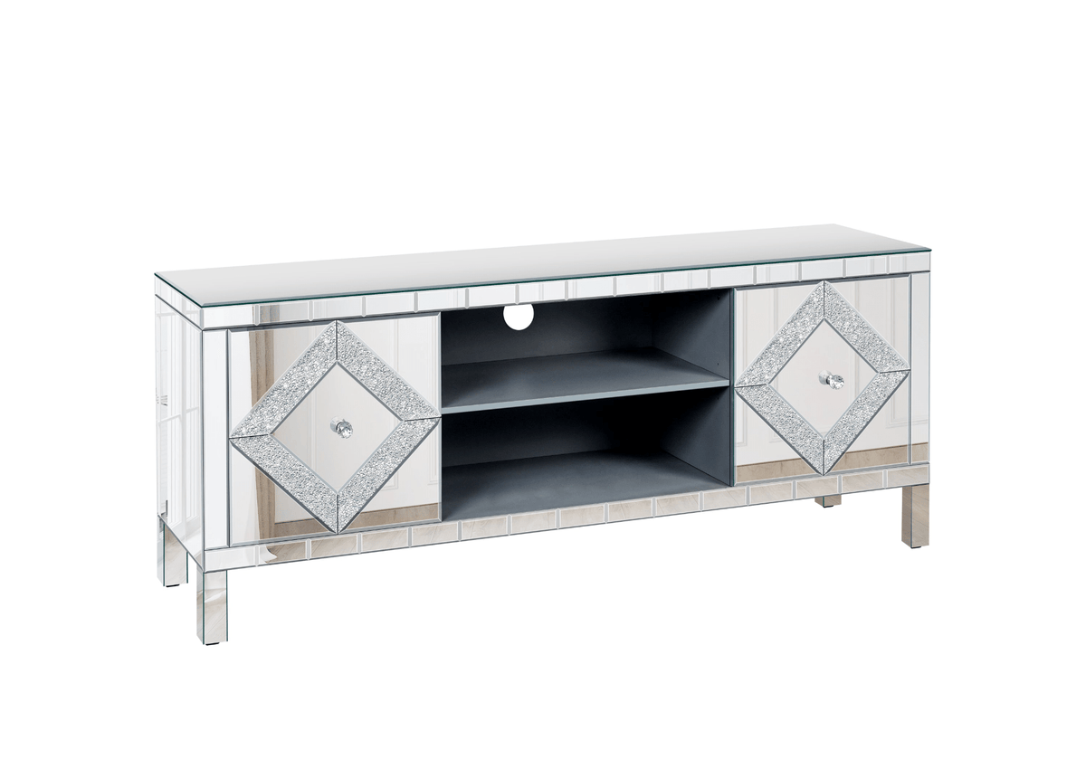 Mirrored TV Stand for 65+ inch TV,Sliver TV Console Table with Open Storage & 2 Storage Cabinets ,Diamond Shape Sparkling Mirror Doors for Living Room(59''W x 25.2''H x 15.7D) - Mervyns