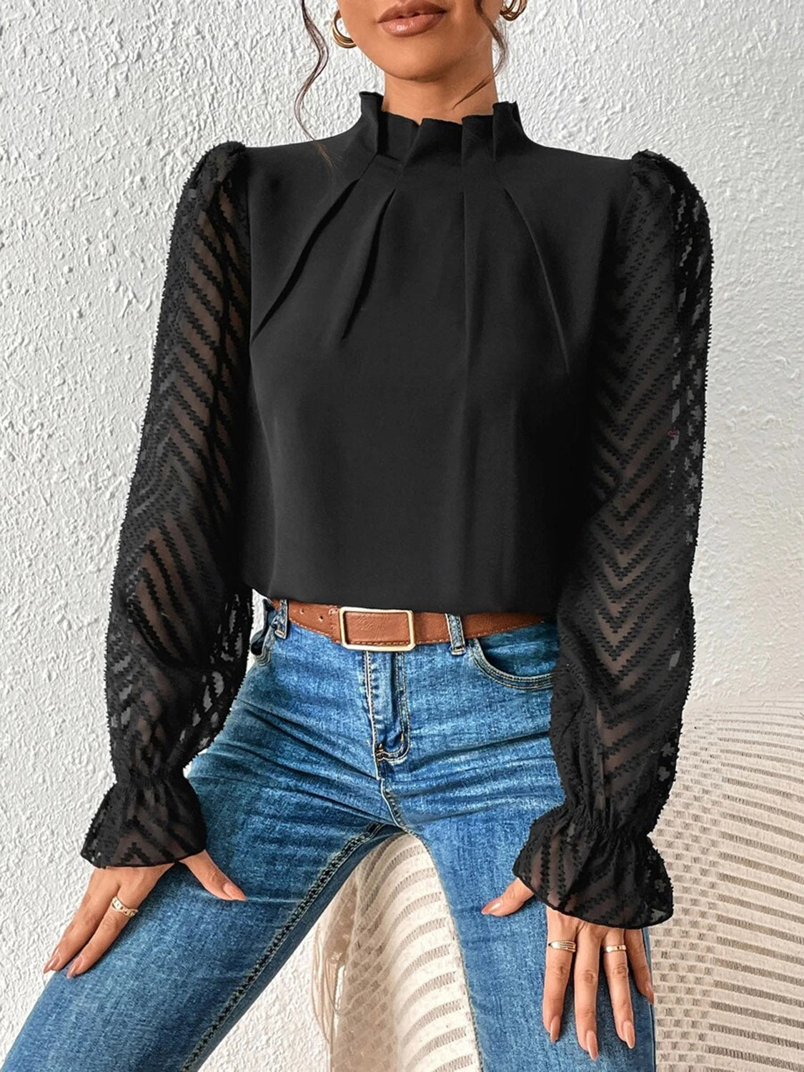 Mock Neck Flounce Sleeve Blouse - Mervyns