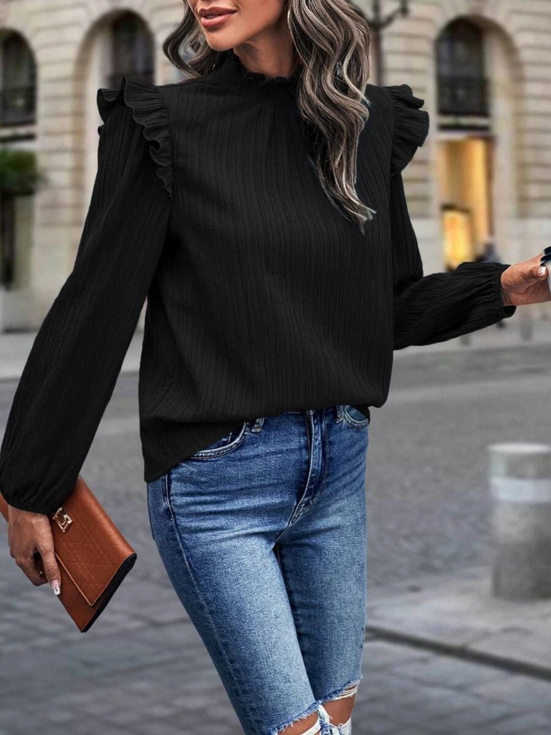 Mock Neck Ruffle Shoulder Blouse - Mervyns