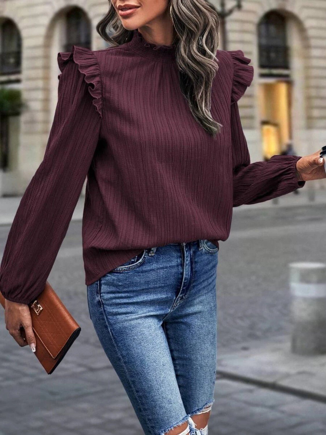 Mock Neck Ruffle Shoulder Blouse - Mervyns