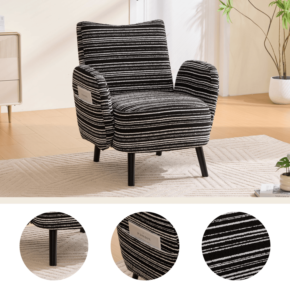 Modern Armchair with Sanded Fabric, Side Storage Pocket and Solid Wood Legs - Mervyns