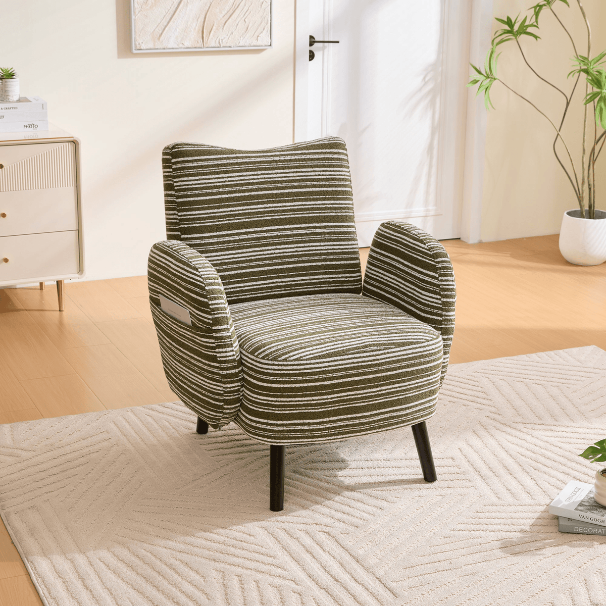 Modern Armchair with Sanded Fabric, Side Storage Pocket and Solid Wood Legs - Mervyns