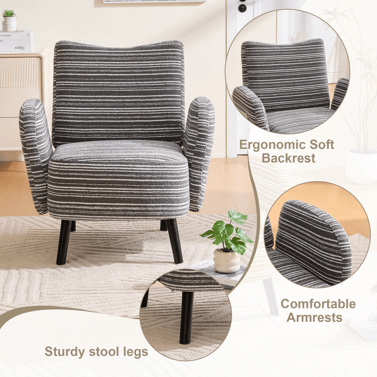 Modern Armchair with Sanded Fabric, Side Storage Pocket and Solid Wood Legs - Mervyns