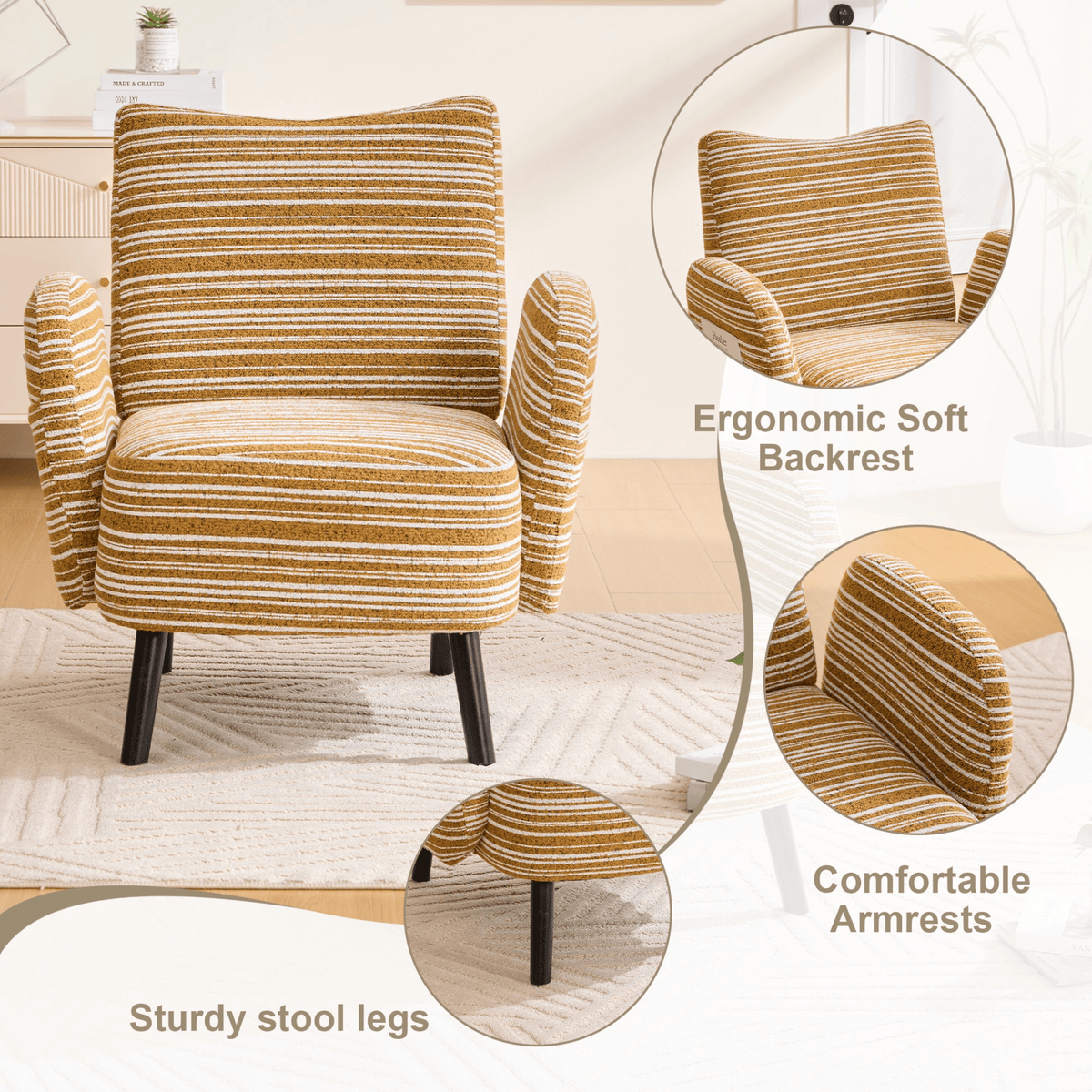 Modern Armchair with Sanded Fabric, Side Storage Pocket and Solid Wood Legs - Mervyns
