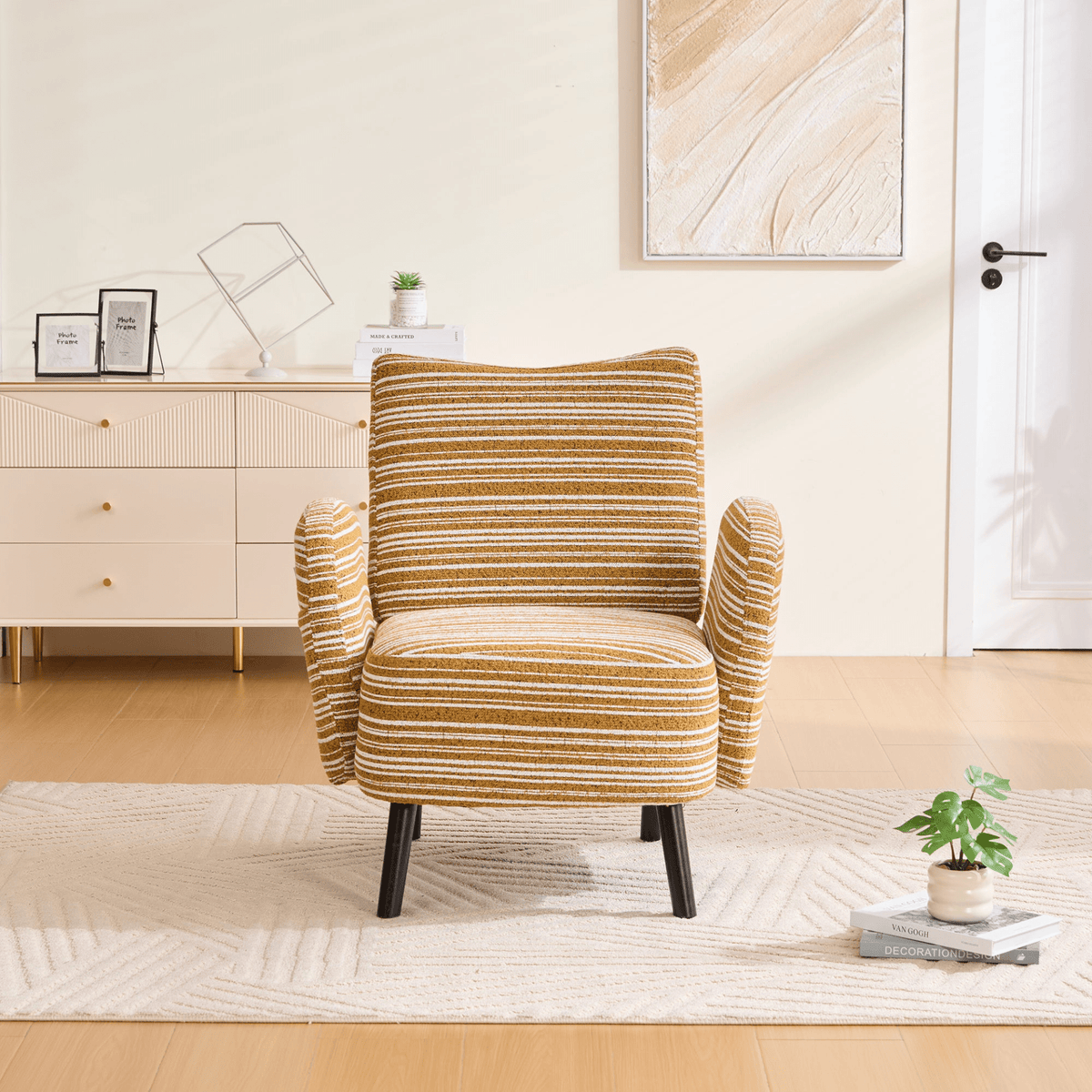 Modern Armchair with Sanded Fabric, Side Storage Pocket and Solid Wood Legs - Mervyns