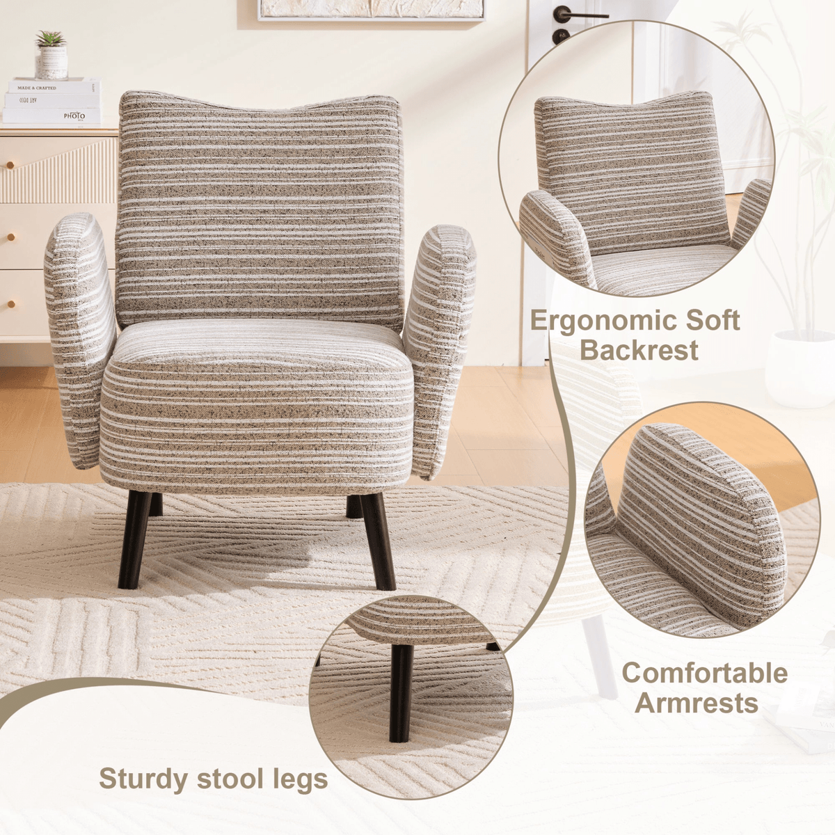 Modern Armchair with Sanded Fabric, Side Storage Pocket and Solid Wood Legs - Mervyns