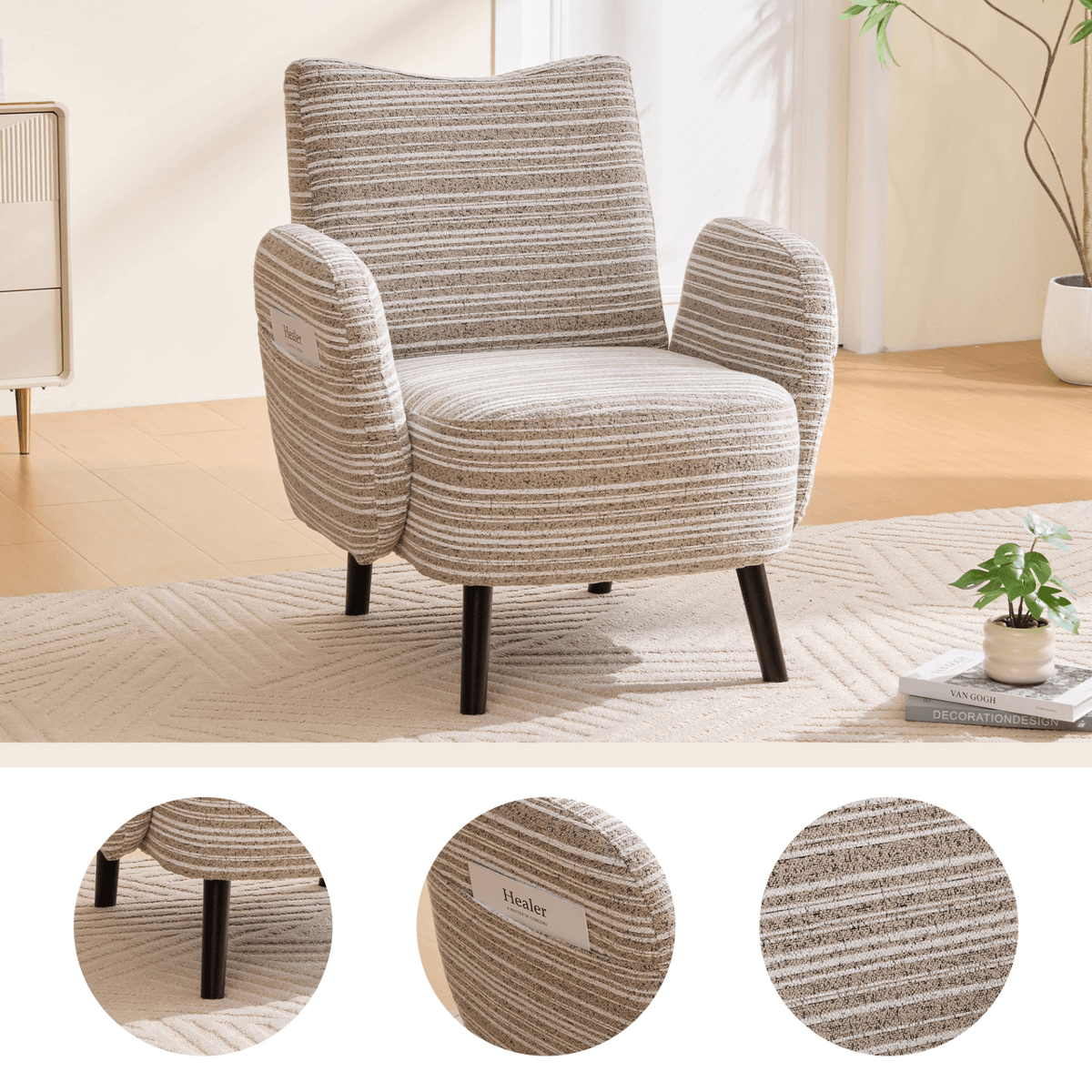 Modern Armchair with Sanded Fabric, Side Storage Pocket and Solid Wood Legs - Mervyns