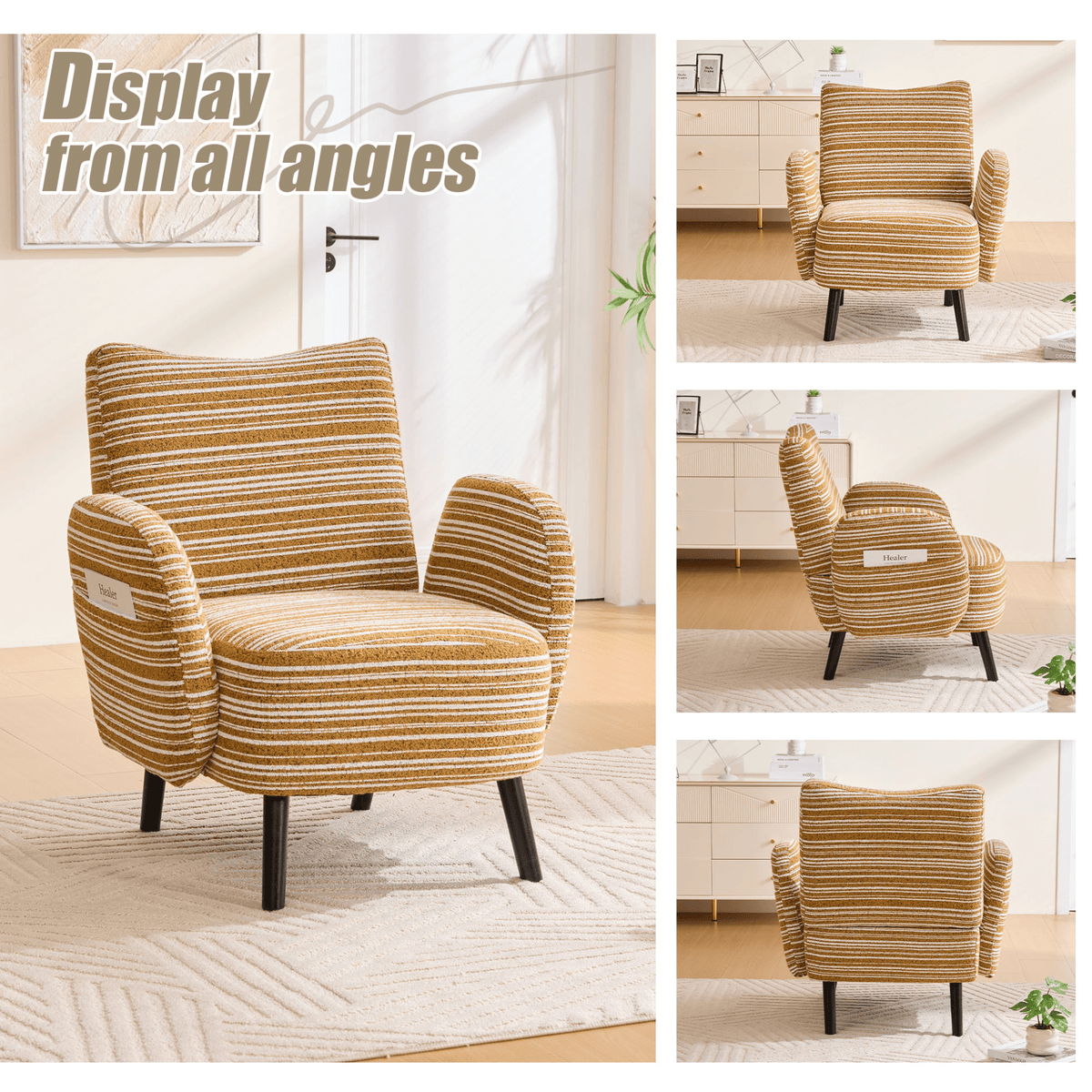 Modern Armchair with Sanded Fabric, Side Storage Pocket and Solid Wood Legs - Mervyns