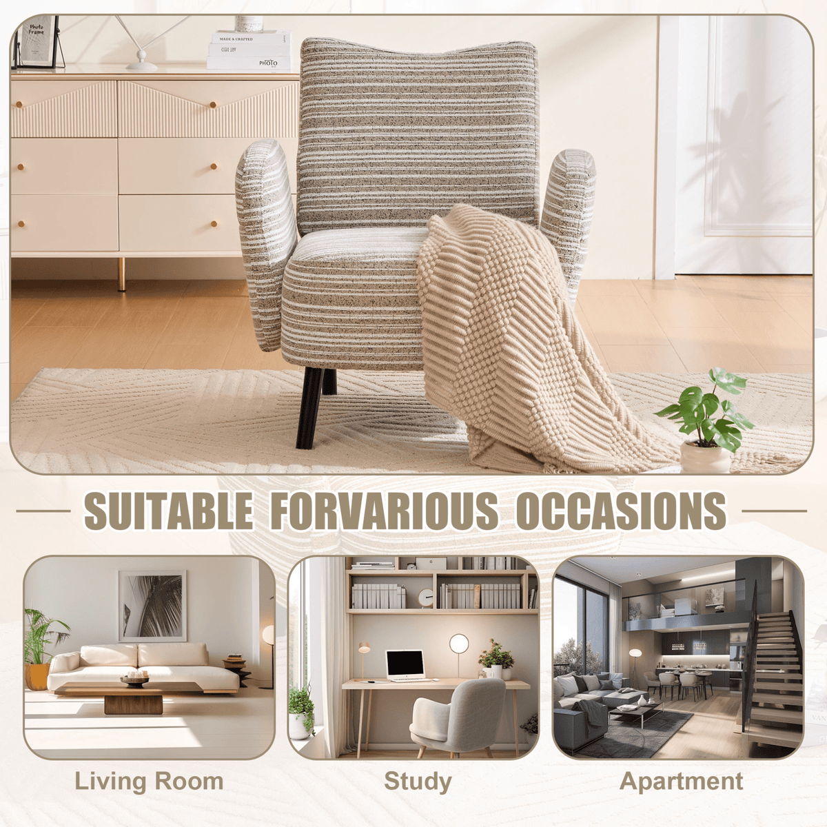Modern Armchair with Sanded Fabric, Side Storage Pocket and Solid Wood Legs - Mervyns