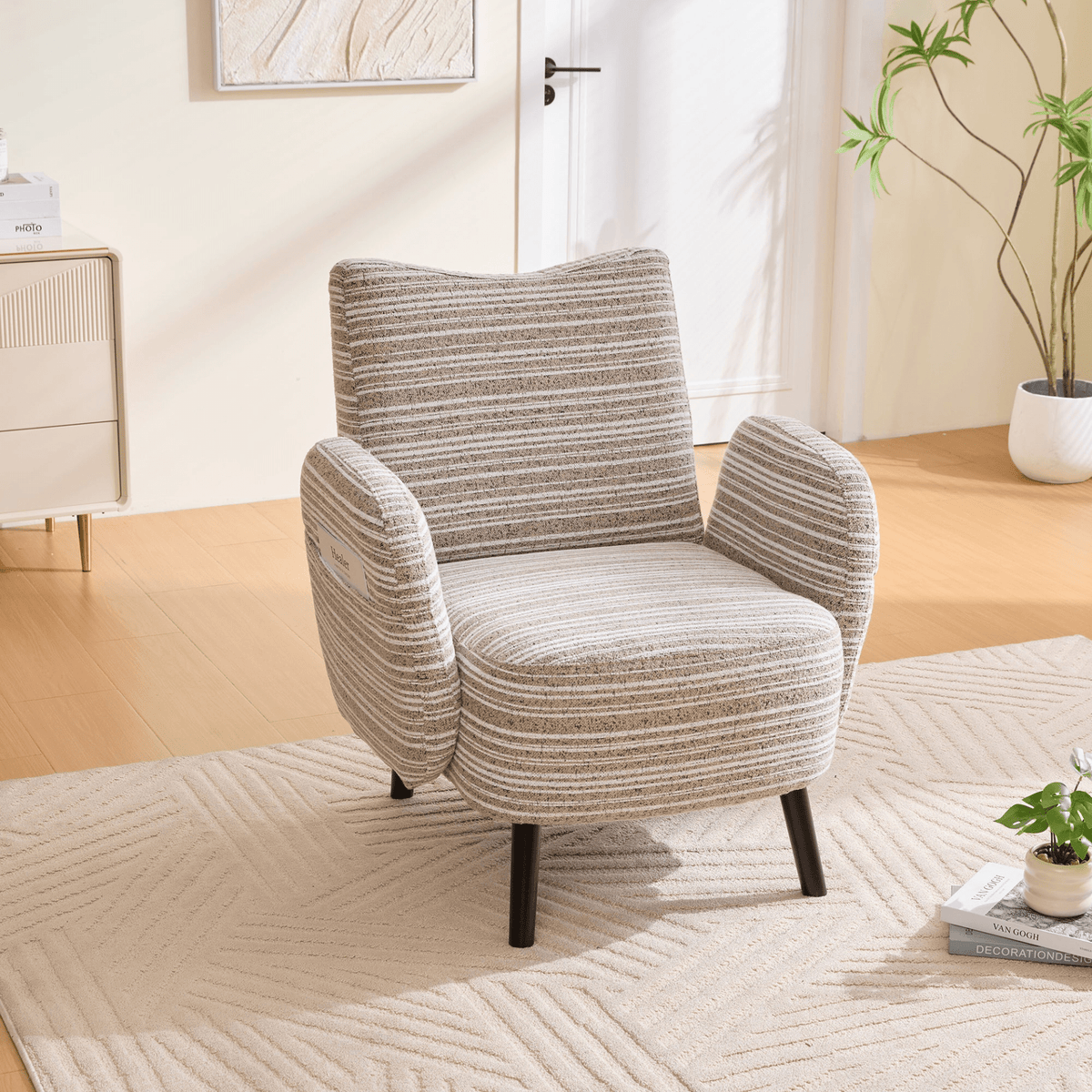 Modern Armchair with Sanded Fabric, Side Storage Pocket and Solid Wood Legs - Mervyns