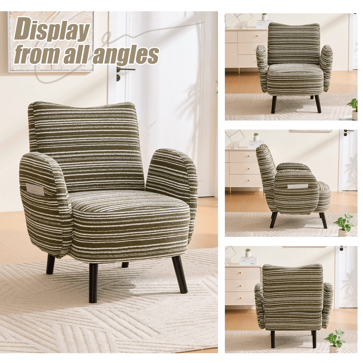 Modern Armchair with Sanded Fabric, Side Storage Pocket and Solid Wood Legs - Mervyns