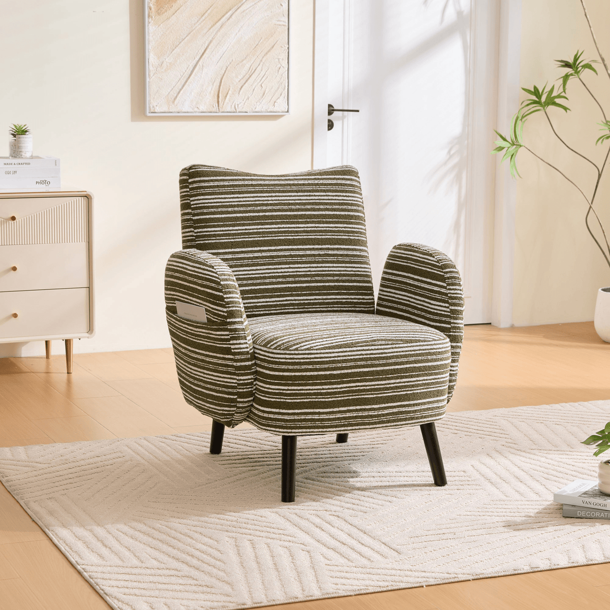 Modern Armchair with Sanded Fabric, Side Storage Pocket and Solid Wood Legs - Mervyns