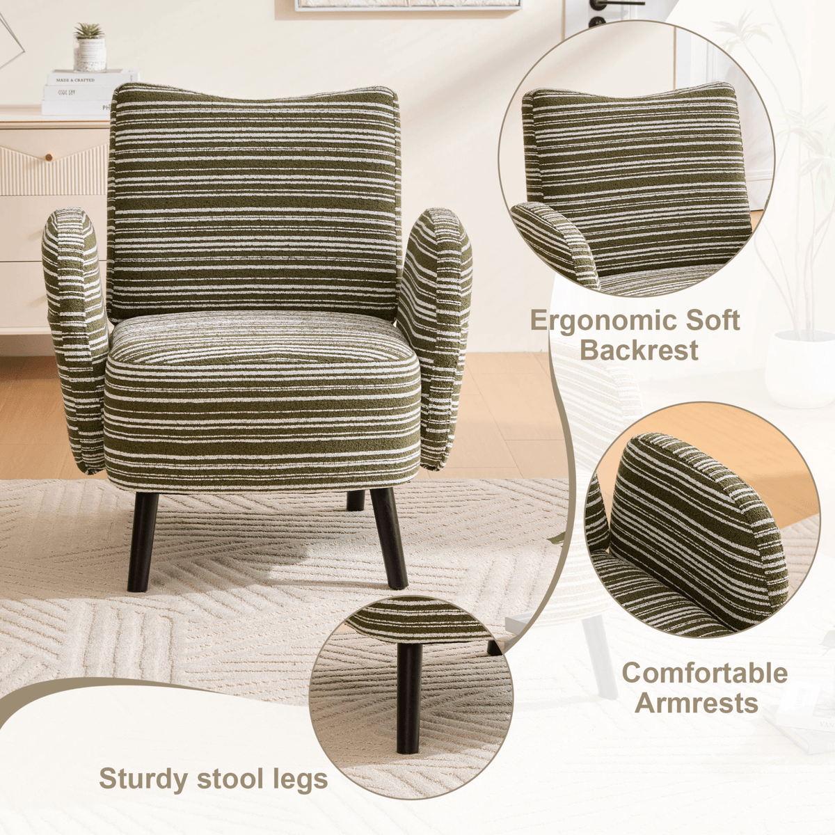 Modern Armchair with Sanded Fabric, Side Storage Pocket and Solid Wood Legs - Mervyns