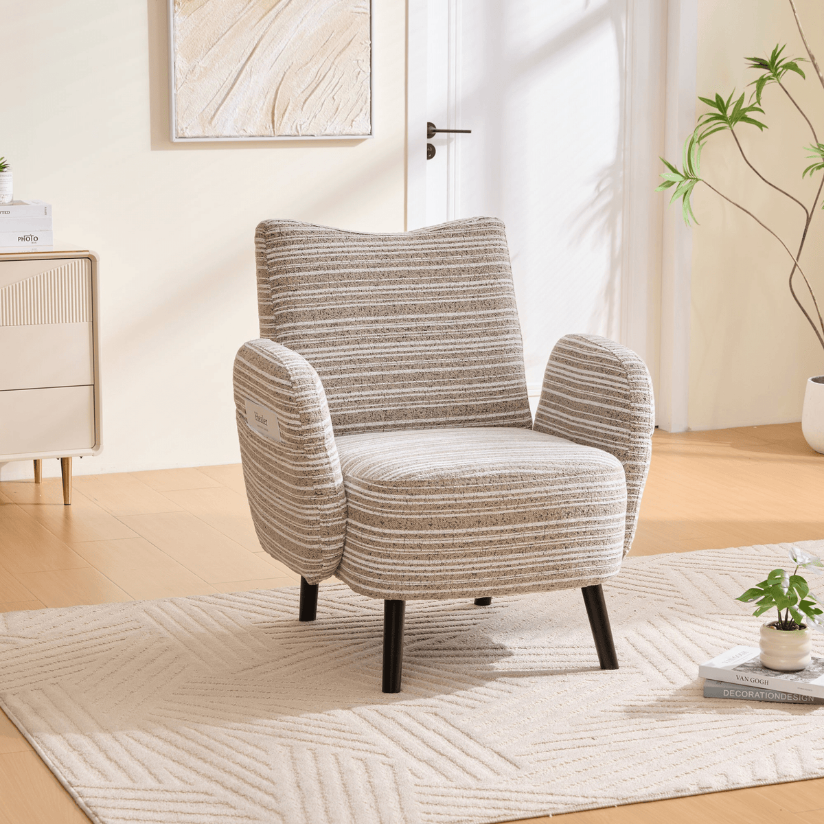 Modern Armchair with Sanded Fabric, Side Storage Pocket and Solid Wood Legs - Mervyns