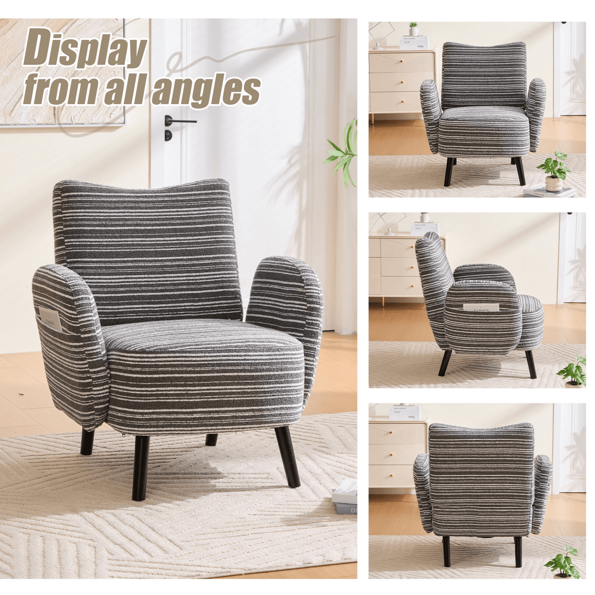 Modern Armchair with Sanded Fabric, Side Storage Pocket and Solid Wood Legs - Mervyns