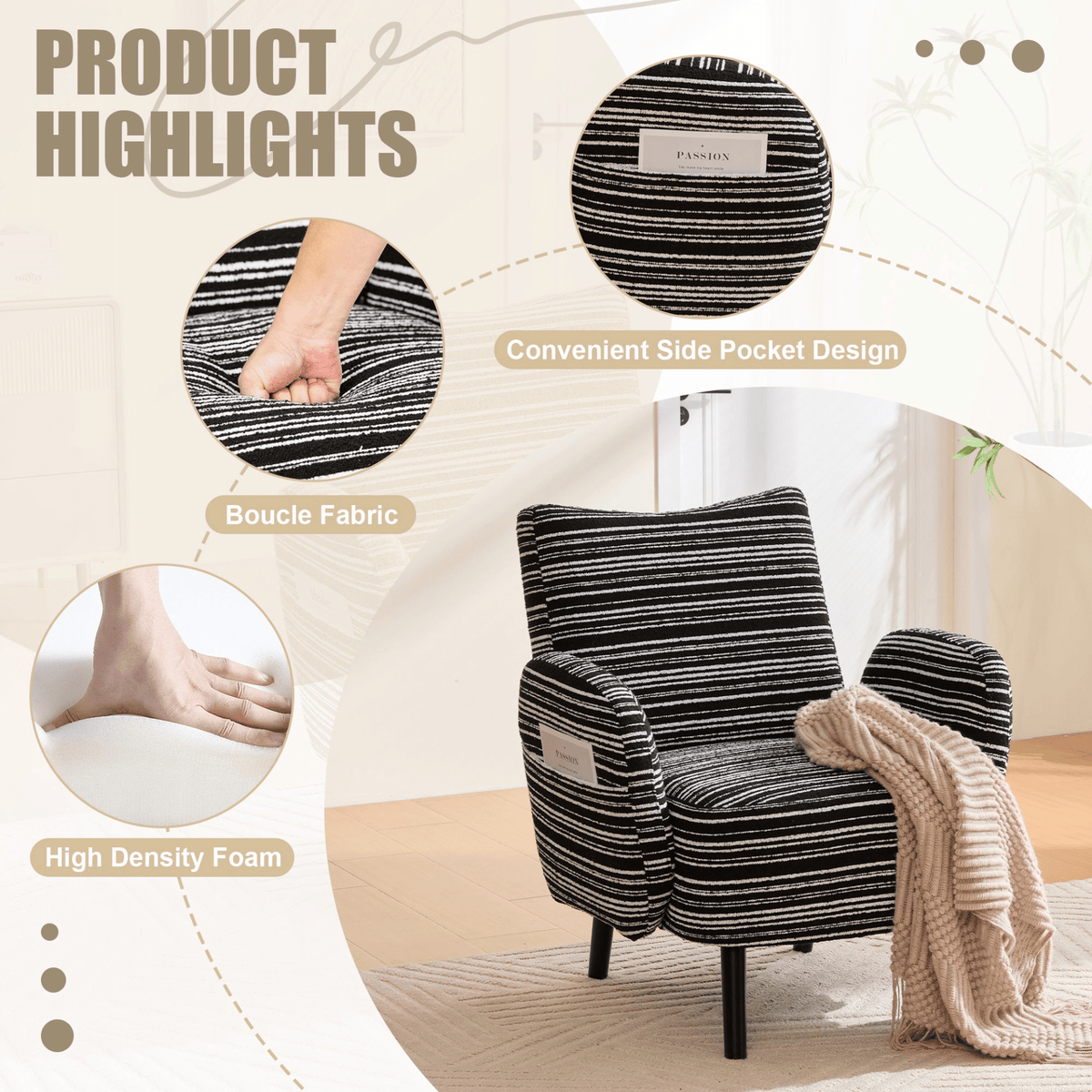 Modern Armchair with Sanded Fabric, Side Storage Pocket and Solid Wood Legs - Mervyns