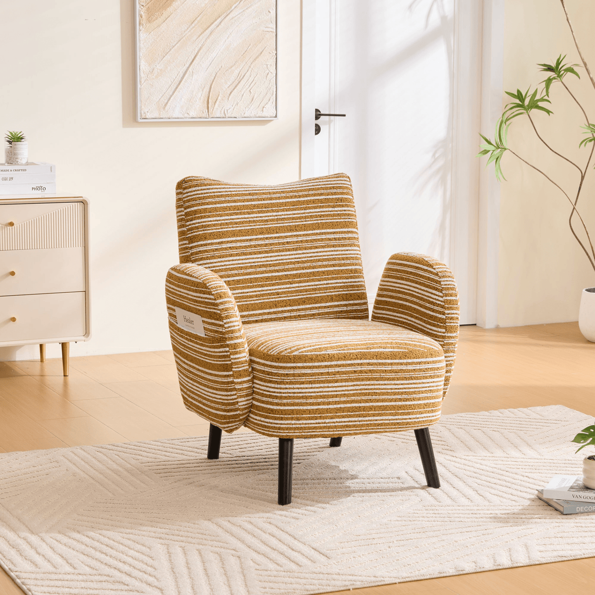 Modern Armchair with Sanded Fabric, Side Storage Pocket and Solid Wood Legs - Mervyns