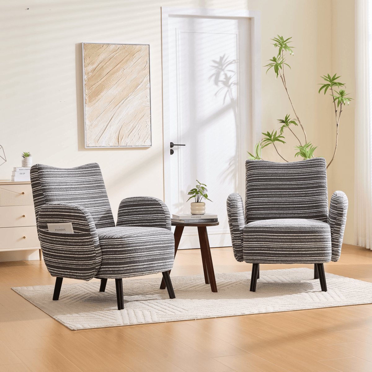 Modern Armchair with Sanded Fabric, Side Storage Pocket and Solid Wood Legs - Mervyns