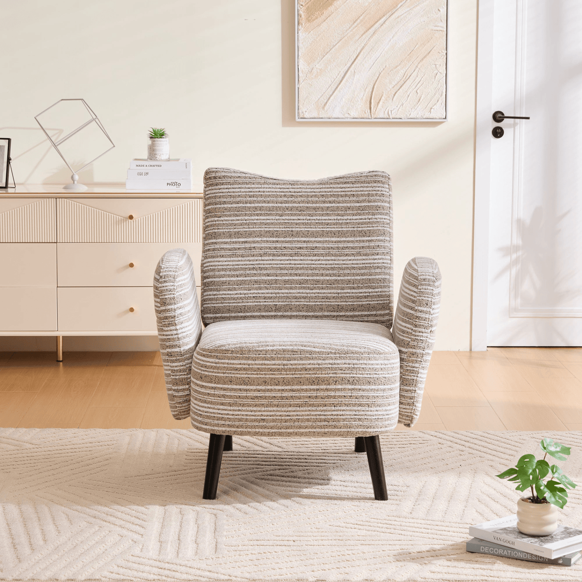 Modern Armchair with Sanded Fabric, Side Storage Pocket and Solid Wood Legs - Mervyns
