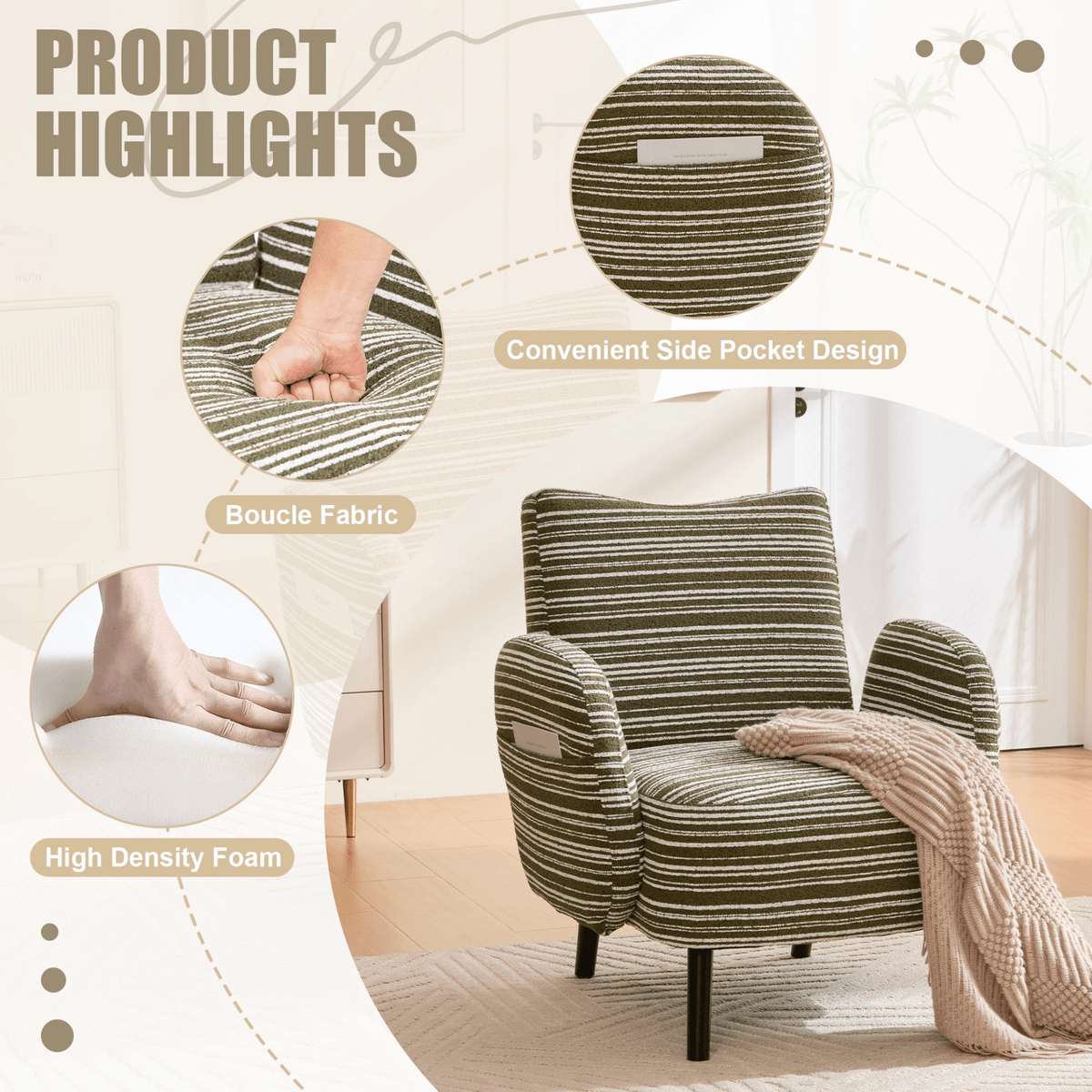 Modern Armchair with Sanded Fabric, Side Storage Pocket and Solid Wood Legs - Mervyns