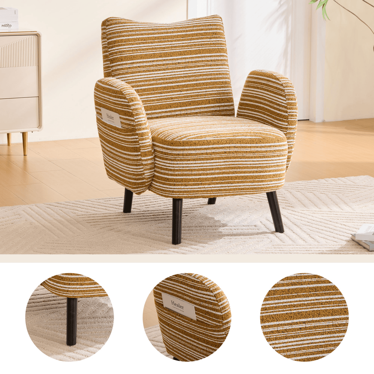 Modern Armchair with Sanded Fabric, Side Storage Pocket and Solid Wood Legs - Mervyns