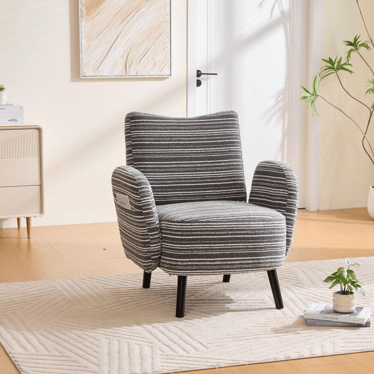 Modern Armchair with Sanded Fabric, Side Storage Pocket and Solid Wood Legs - Mervyns