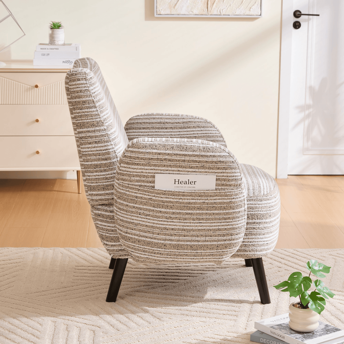 Modern Armchair with Sanded Fabric, Side Storage Pocket and Solid Wood Legs - Mervyns