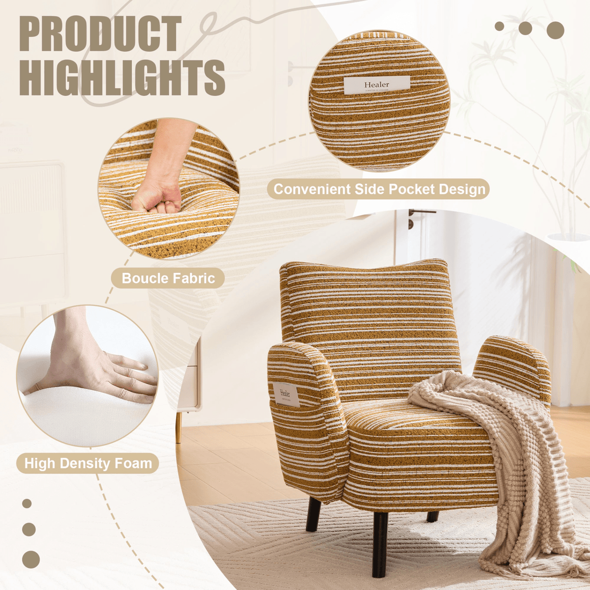 Modern Armchair with Sanded Fabric, Side Storage Pocket and Solid Wood Legs - Mervyns